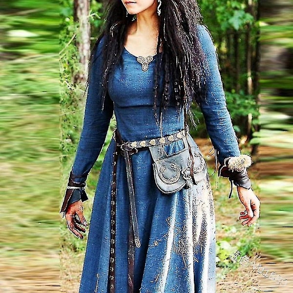 Blå middelalderlig renæssance maxi-kjole til kvinder, vintage langærmet fe elver gotisk viking kostume