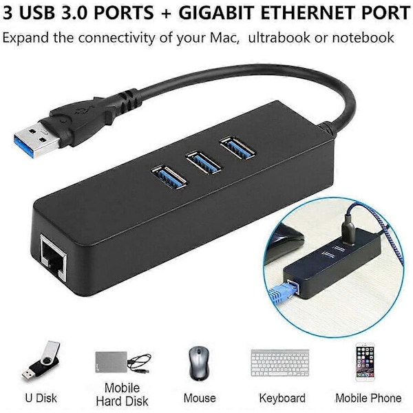 USB 3.0 Hub, 3 Portar USB HUB med RJ45 10/100/1000 Gigabit Ethernet Nätverksadapter, Konverter Kabelansluten USB Nätverksadapter för Ultrabooks, Notebooks, T