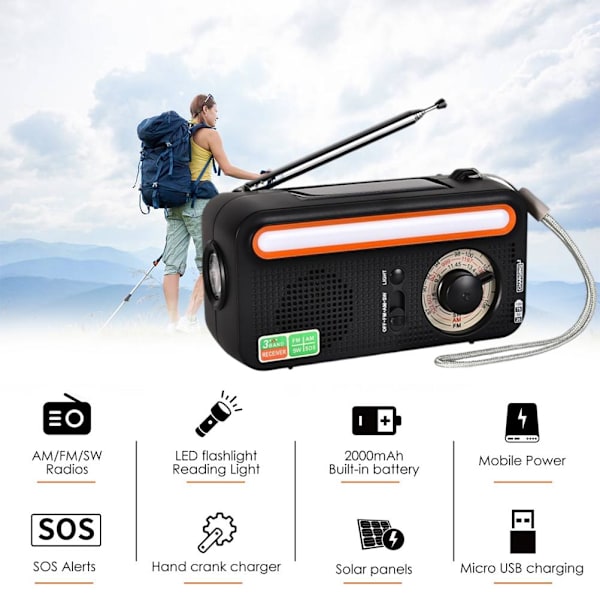 Bärbar Solar Handvev Radio AM FM WB Multiband Dynamo Radio med 2000 mAh Power Bank SOS-larmfunktion för campingresor i nödsituation