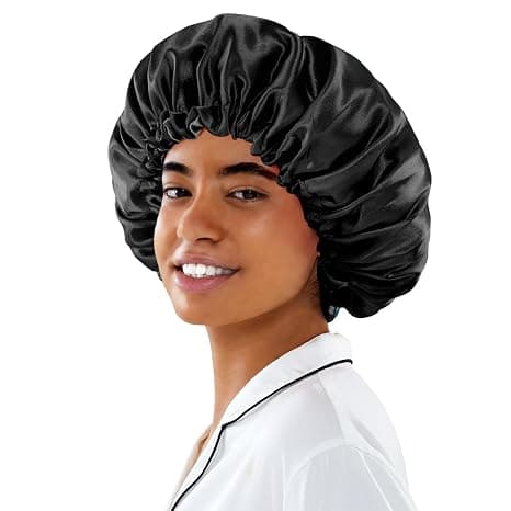 Satinhætte Silkehætte Hårhætte til søvn - Slouchy Beanie Hat Satin Sovehætte til kvinders naturlige og krøllede hår (sort)