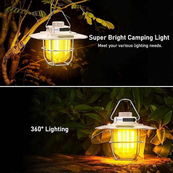 Beige Ladattava Retkilyhty, Retro USB C Ladattava LED Retkeilylamppu - Lämmin & Luonnollinen Valo, Portaaton Himmennys, Kirkas 13H+ Käyttöaika, Porta