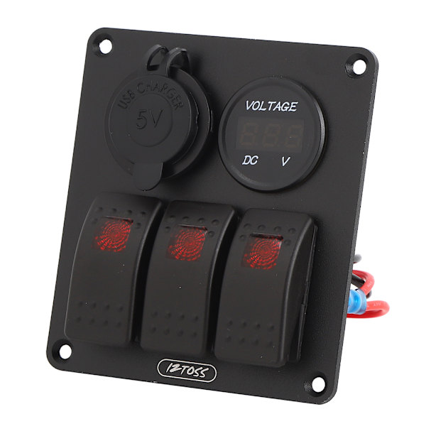 Multifunktion 3-vejs vippekontaktpanel med voltmeter display 4.8A strømlader til RV båd rødt lys