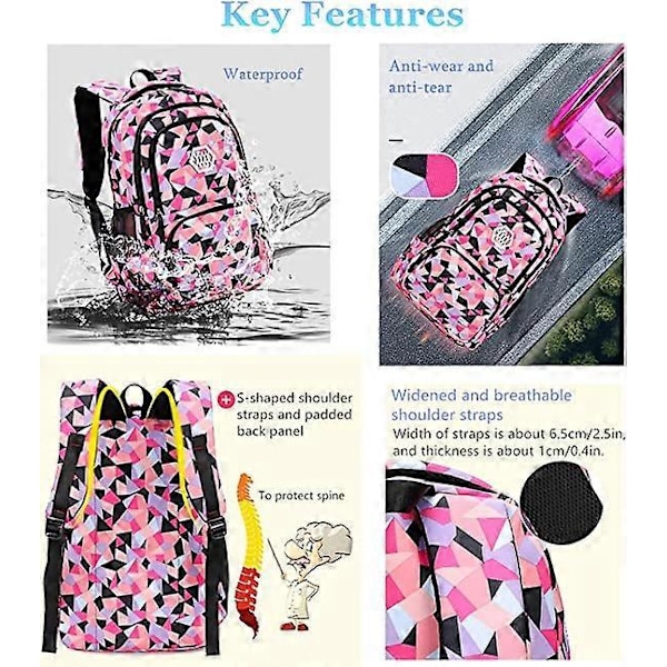 Geometrisk, Blad eller Galakse Ryggsekk for Jenter-Gutter Ungdomsskoleveske Barneskoleryggsekker (Rosa L)