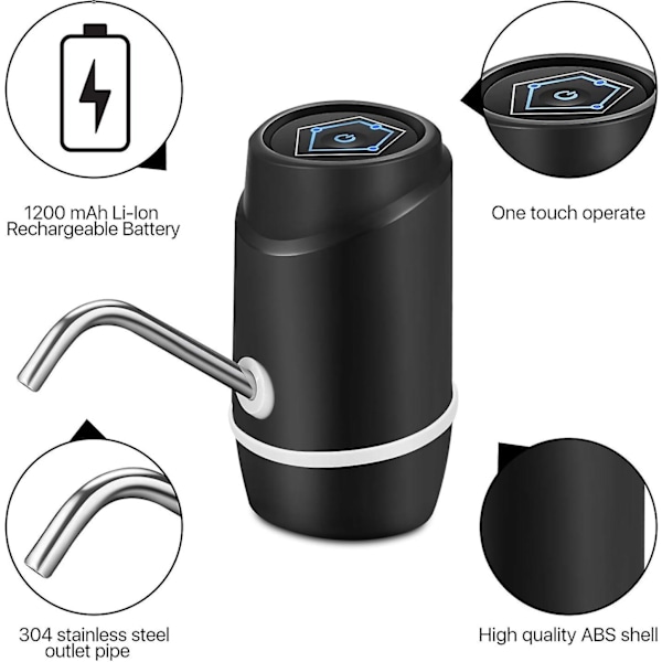 Bärbar elektrisk vattenpump för 2-5 gallons flaskor - USB-laddning, kall dryck, silikonslang