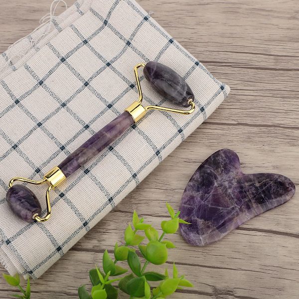 Naturlig ametist Dubbelhuvud Jade Stone Roller & Guasha skrotningsplatta Ansiktsmassageverktygssats