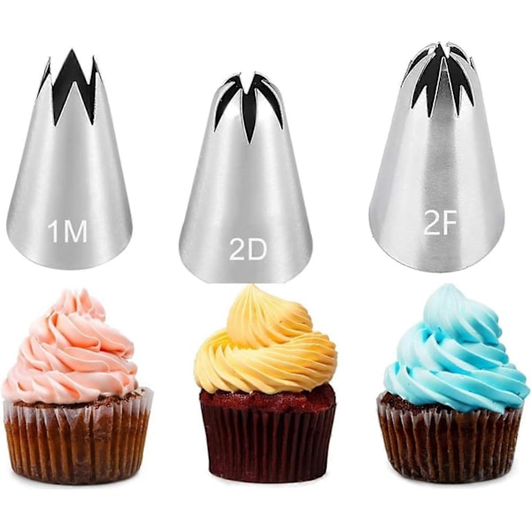 3 Tyller - 1M 2D 2F Store Tyllespidser, Rustfrit Stål Kagedekorationsspidser til Glasur, Cupcakes.