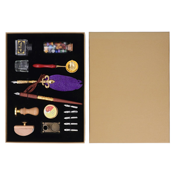 Fjäder Pen Set Retro Utsökt Quill Pen Spets Smältvax Sked Bas Bläck Stämpel Kalligrafi Pen Quill Pen Kit Lila