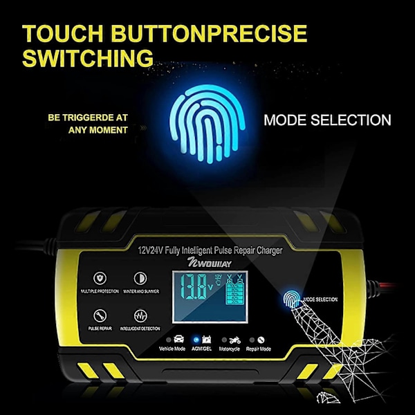 8A 12V/24V Portabel Smart Batteriladdare med LCD Touch Screen, Flera Skydd, Reparationsläge för Bil, Motorcykel, Gräsklippare och Båtar m.m.