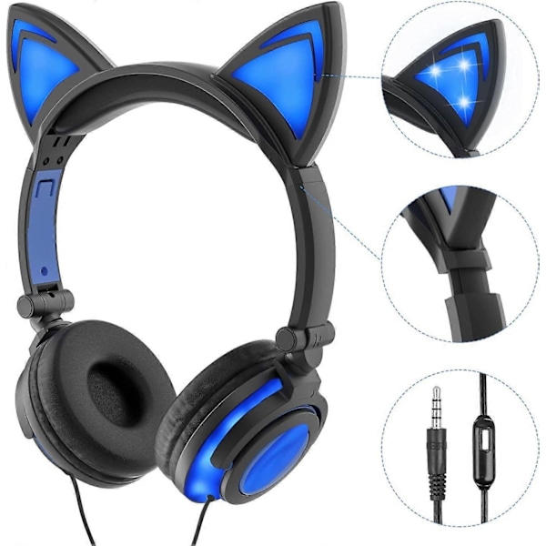 Katthörlurar för flickor och pojkar, blinkande LED-hörlurar med mikrofon, on-ear, universell trådbunden 3,5 mm