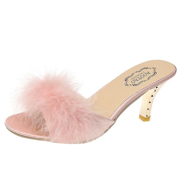 Damtofflor Kitten Heels Fuzzy Tofflor Mules Slide Sandal