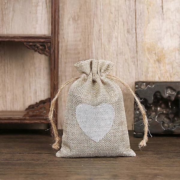 Beige Grå 20 stk. Jute Poser med Snøring og Hjerte Mønster for Smykker Gave Bryllup Dåp Bursdag Jul 10 x 14CM