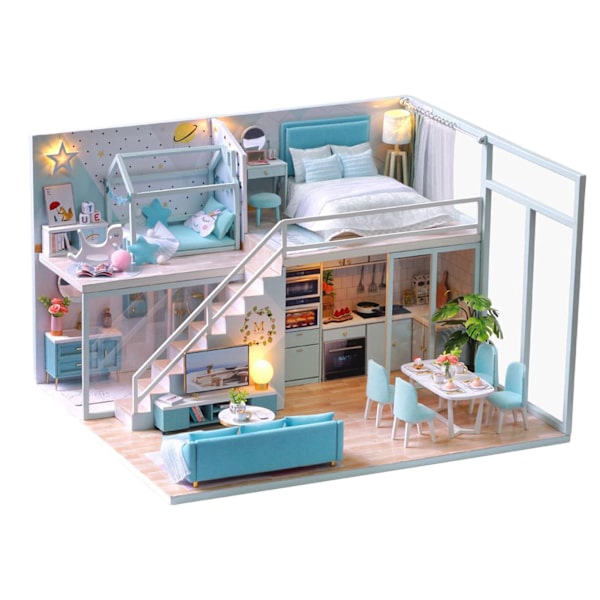 DIY Miniatyrdockhusmodell Set Handgjord Hantverk Loft Lägenhet med LED-ljus Dekoration L‑028 Poetiskt Liv