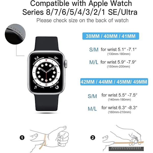 Sort silikone-erstatningsrem til Apple Watch - Kompatibel med Iwatch SE Series 8 7 6 5 4 3 2 1 (38mm/40mm)