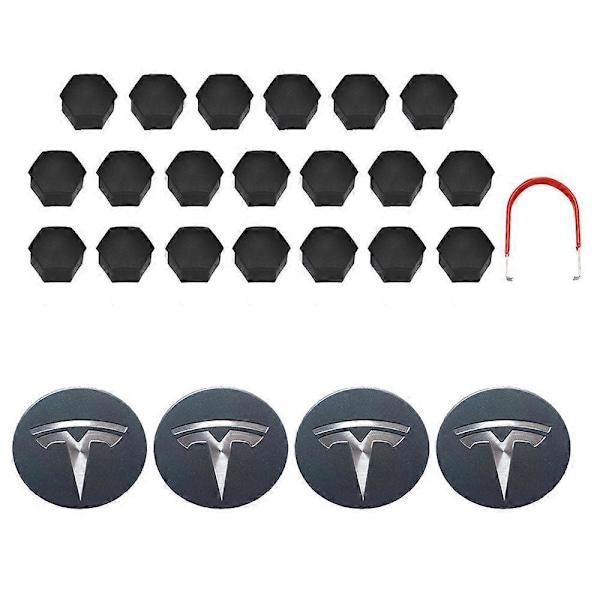 Hjulkapselsæt Center Navkapsel Bilhjulsmøtrikdæksel med Afmonteringsværktøj til Tesla Model 3, S & X Grå