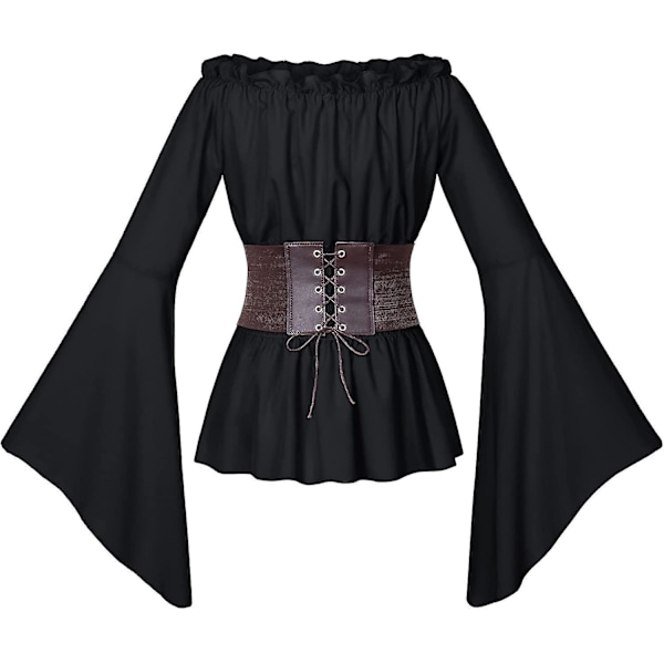Ruffle Smocked Waist Victorian Pirate Shirt Blouse Set for Women Large Black
