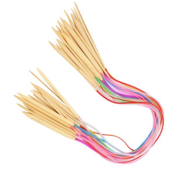 18-osainen pyöröpuikkosetti, kaksiteräinen, bambu, värillinen, joustava putkiliitäntä, neulontatyökalusarja (80 cm)