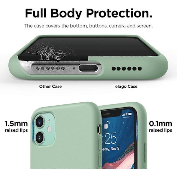 Silikonskal Kompatibelt med iPhone 11 (Pastellgrön), Upphöjd Kant (Skärm- & Kameraskydd), 3-Lagers Struktur, Fullständigt Kroppsskydd