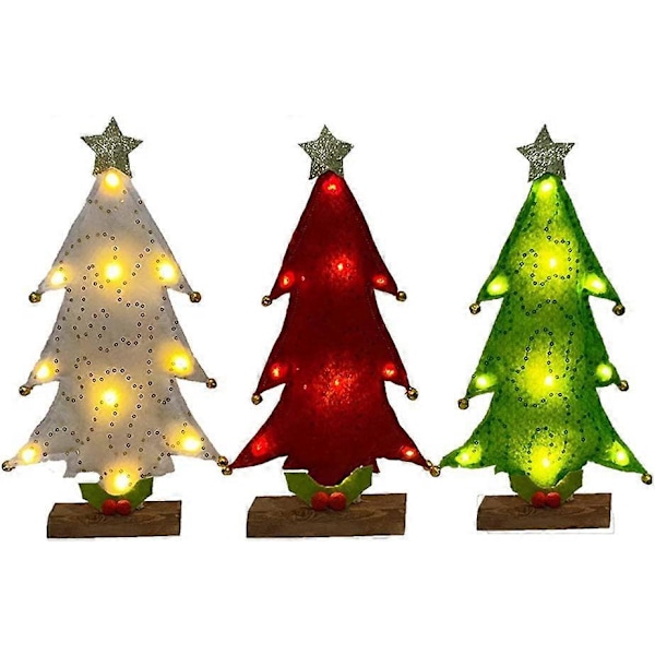 Bordplade Juletræ med Lys, Mini Juletræ i Stof med Træfod LED Lys Bord Skrivebordsdekoration Julegave 33x18cm (Rød)