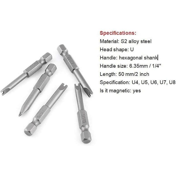 5 stk. 50 mm S2 legeret stål U-formede skruetrækkerbits 1/4\" sekskantet skaft U-formet magnetisk skruetrækker
