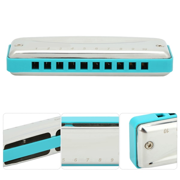 Blues Harmonica 10-hulls munnspill C-nøkkel rustfritt stål deksel liten søt bærbar gave (blå)