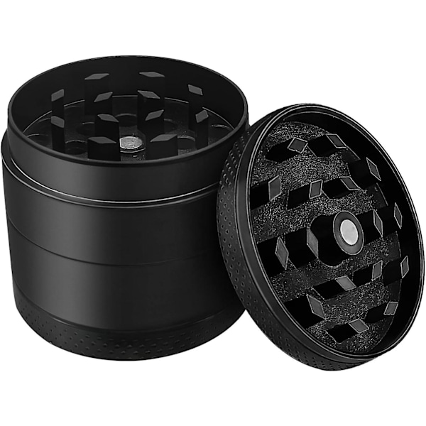 Metallisk Urte- og Krydderimølle med Pollenopsamler - 50 mm Diameter, Diamantformede Tænder (Sort)