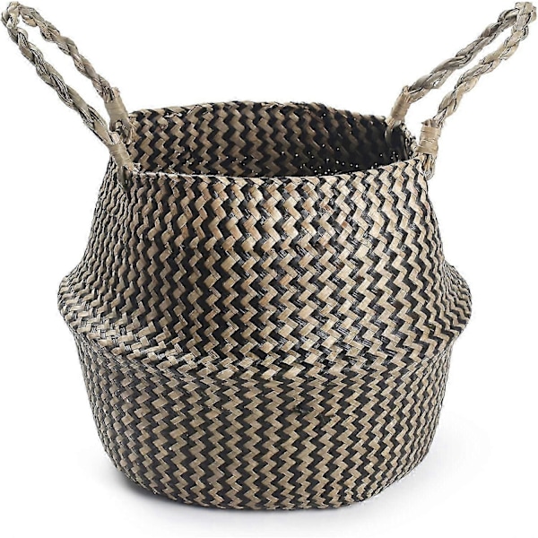 Sjögräs Kruka Överdrag Vävd Belly Basket Inomhus med Handtag för Tvätt, Förvaring, Planteringskärl