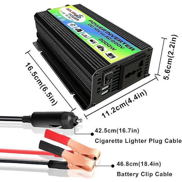 Peak Power 3000W Modifierad Sinusvåg Inverter DC 12V till AC 220V Högfrekvensomvandlare, Svart