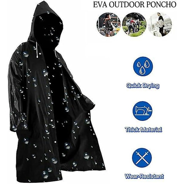 Poncho, 2 stk. sort genanvendelig regnslag poncho, regn poncho til mænd og kvinder, voksen regnslag med hætte vandreture camping regntilbehør