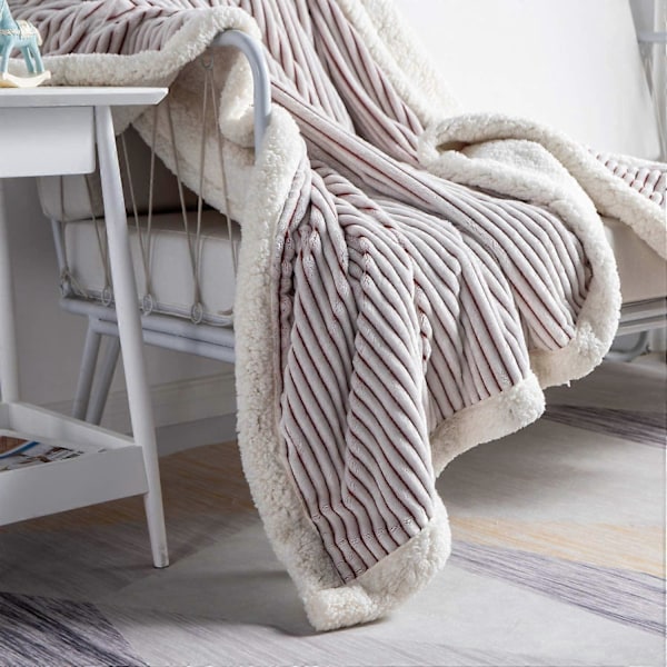 Sherpa Fleece Tæppe Vendbart Sherpa Flanel Tæppe Blødt Fuzzy Plys Fluffy Tæppe Varmt Hyggeligt med Stribe Perfekt Kast til Alle Årstider til Sofa B