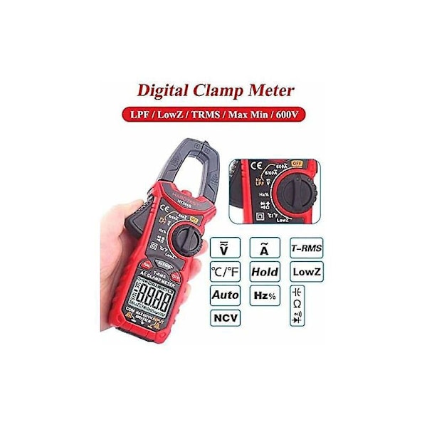 Amperemeterklemme, 6000-tællers TRMS automatisk klemmetang multimeter, AC strøm/AC DC spændingsmåling/temperatur/modstand/kapacitans/diode/kontinuitet/d
