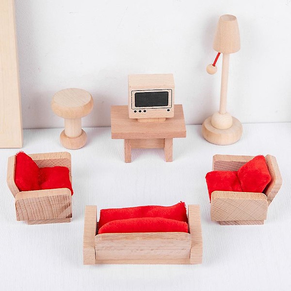 Trädockhusmöbler Set Vardagsrum Soffa TV-Skåp Kaffebord Miniatyr Dockhus Tillbehör