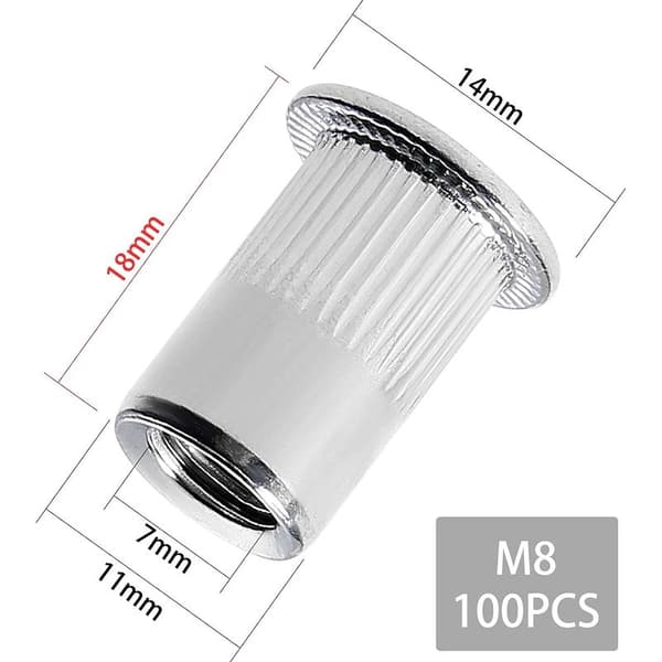 100 stk. M8 blindmutter, blindmutter i rustfritt stål, sortiment av M8 gjengede innsatsmuttere med flatt hode for metall og plast (14 mm x 18 mm)