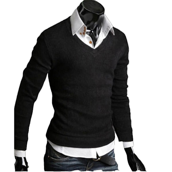Klassisk strikket V-hals sweater til mænd - Langærmet pullover L Sort