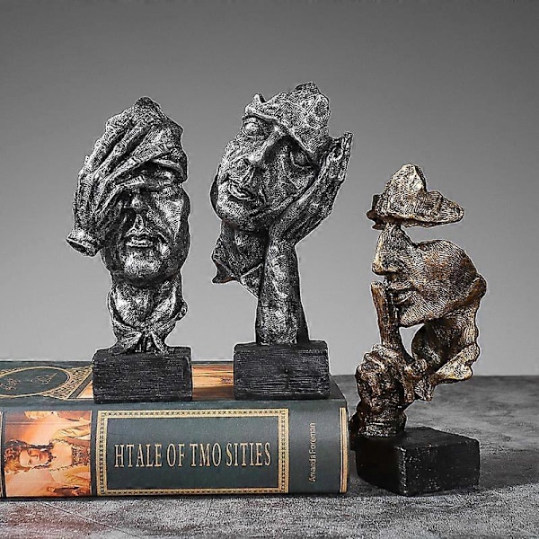 Gullsett med 3 kreative abstrakte skrivebordsdekorasjoner Tenkeren-statue, hånd- og ansiktsstatuer og skulpturer for hjemmestueinnredning - Ikke hør