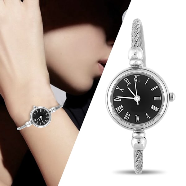 Lady Analog Rund Kvartslegering Armband Öppen Armband Watch Armbandsur (romerska siffror Svart Urtavla)