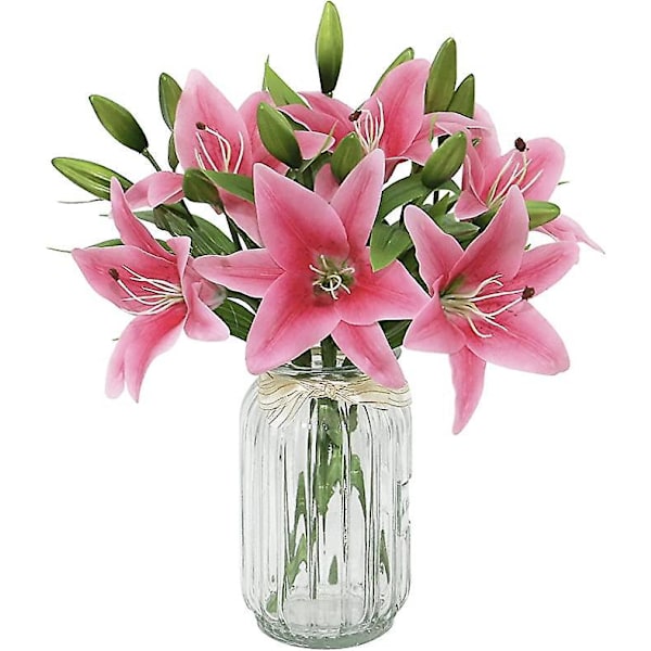 1 Gren Konstgjorda Liljor, Real Touch Konstgjorda Liljeblommor för Hem, Bröllop, Fest, Butiksdekoration, Blomsterarrangemang (Rosa)