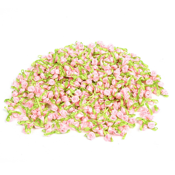 Håndlagde blomster med blader små roser hodeplagg dukketilbehør DIY kunstig bånd (rosa)
