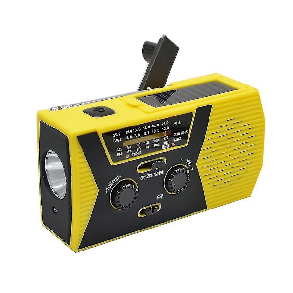 Nødradio med solcellepanel og håndsveivdynamo 4000mah, værrradio, lommelykt, lader, leselys, gul