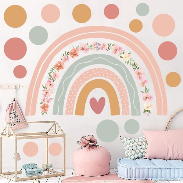 Regnbåge Boho Väggklistermärke, Polka Dot Väggklistermärke med Rosa Blomma, Barnkammare Väggklistermärke för Flickors Rum, Hemväggdekoration
