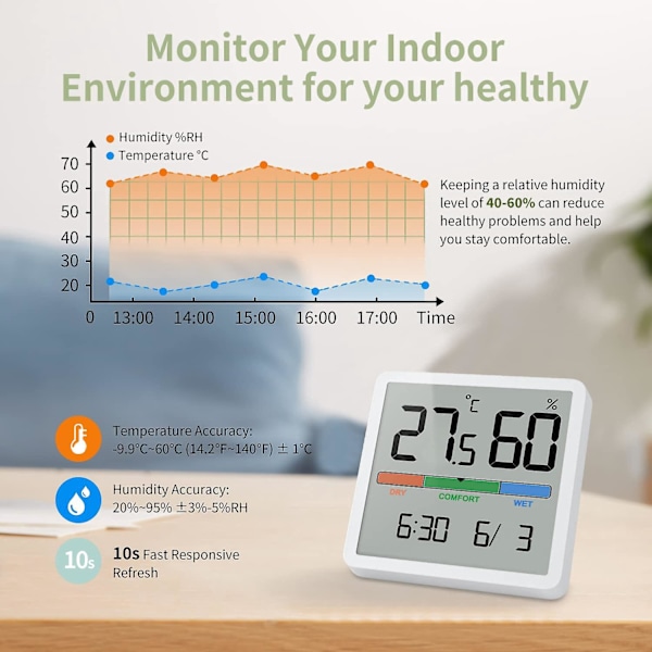 Bärbar digital termometer/hygrometer med hög noggrannhet, temperatur- och hygrometer för rumstemperaturkontroll, rumsluftkontroll, klimatövervakning