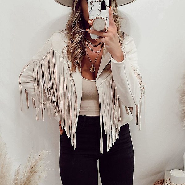 Modekrage Öppen Framsida Fransad Performance Moto Faux Mocka Läder Crop Jacka Kappa för Dam (L, Beige)