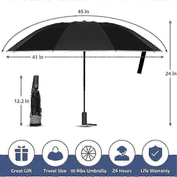 2-pack Reseparaply, Okrossbart Paraply med 10 Ribbor, Vindtäta Paraplyer för Regn & Sol, Automatiskt, Vikbart Omvänt