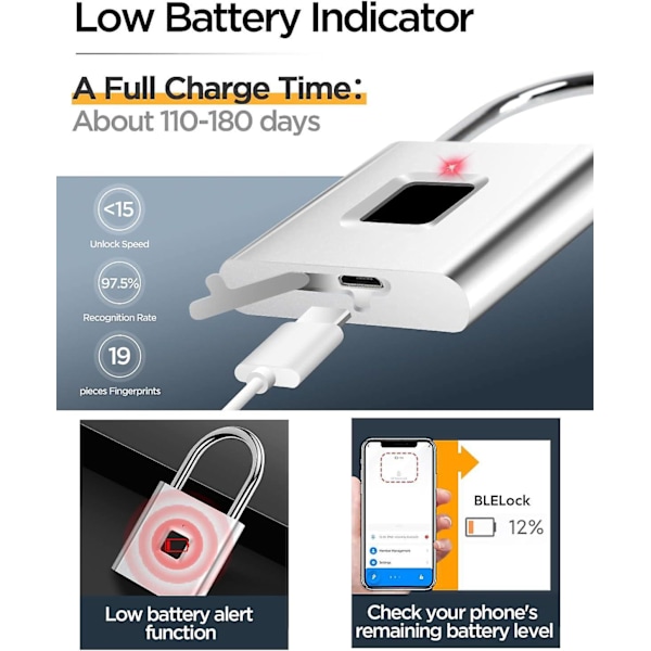 Smart fingeraftryk hængelås - Nøglefri Bluetooth app-lås til rygsæk, cykel, skoleskab, fitnesscenter skab