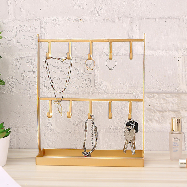 Smyckesdisplay Organizer Stativ Krokar Gyllene Järn Displayställ för Halsband Hårtillbehör Örhängen Gyllene