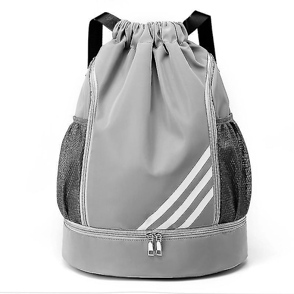 Sports Drawstring Backpack med Multi-pocket Design, Stor Kapasitet og Vanntett Stoff Lysegrå