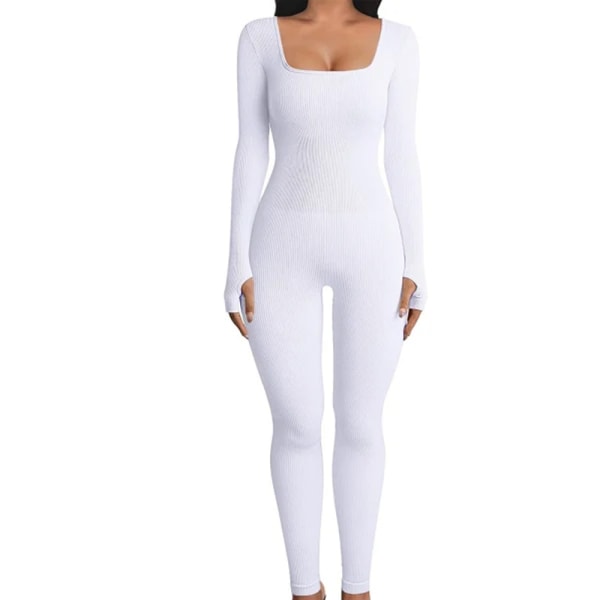 Yoga Fitness Bodysuit med gjenget firkantet hals Hvit L white L