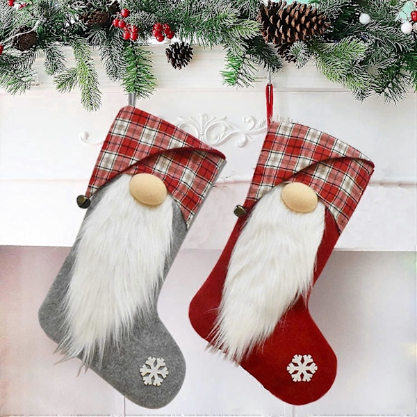 2-pack 18 tum Flanell Julstrumpor - Tomte med luva - Hängande presentpåse - Julgransprydnader - Grå