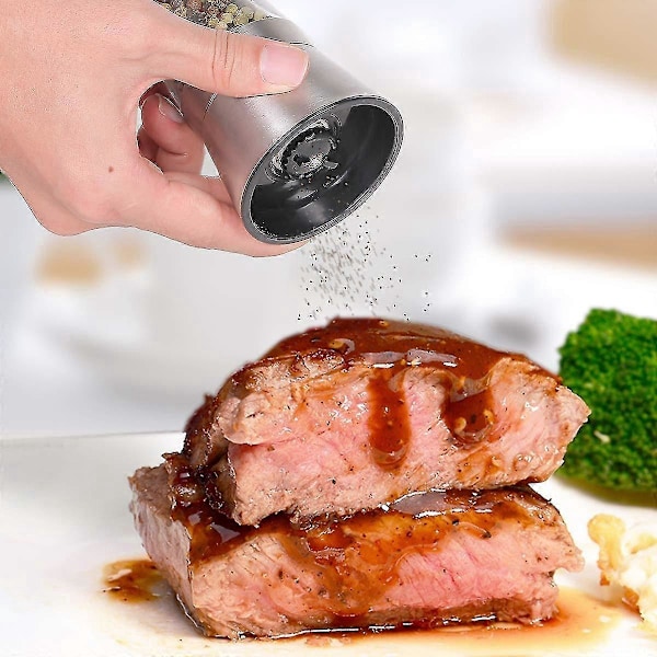 Profesjonell salt- og pepperkvern i rustfritt stål med justerbar grovhet og fem kverner.