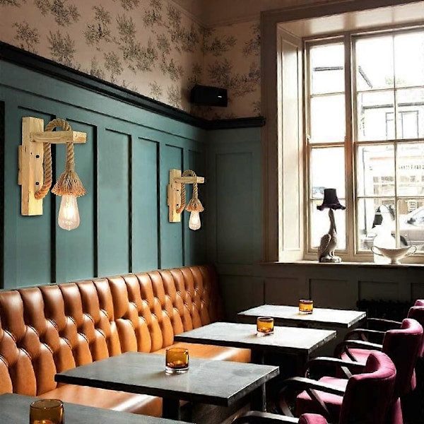 Industriell LED Vegglampe Dekorativ Vegglampe Tre Hampetau Vegglampe Kafé Hotell Restaurant Lysarmatur E27 Sokkel Edison Pære Varmt Lys Inkludert