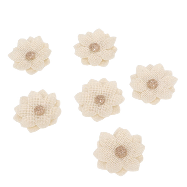6 stk. Burlap Blomster Lotos Form Europæisk Retro DIY Burlap Blomster Håndlavede Hvide Stof Blomster til Bryllupsfest